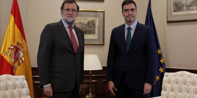 MADRID  12 02 2016   Pedro Sanchez  PSOE  y Mariano Rajoy  PP  durante la reunion que han mantenido en el Congreso de los Diputados  FOTO  JOSE LUIS ROCA