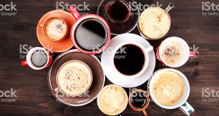 Many cups of coffee on wooden table