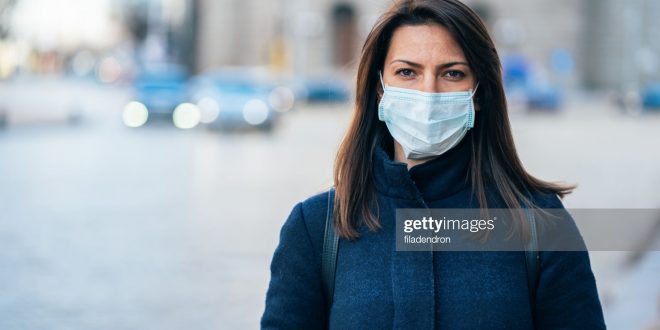 Portrait of young woman on the street wearing  face protective mask to prevent Coronavirus and anti-smog